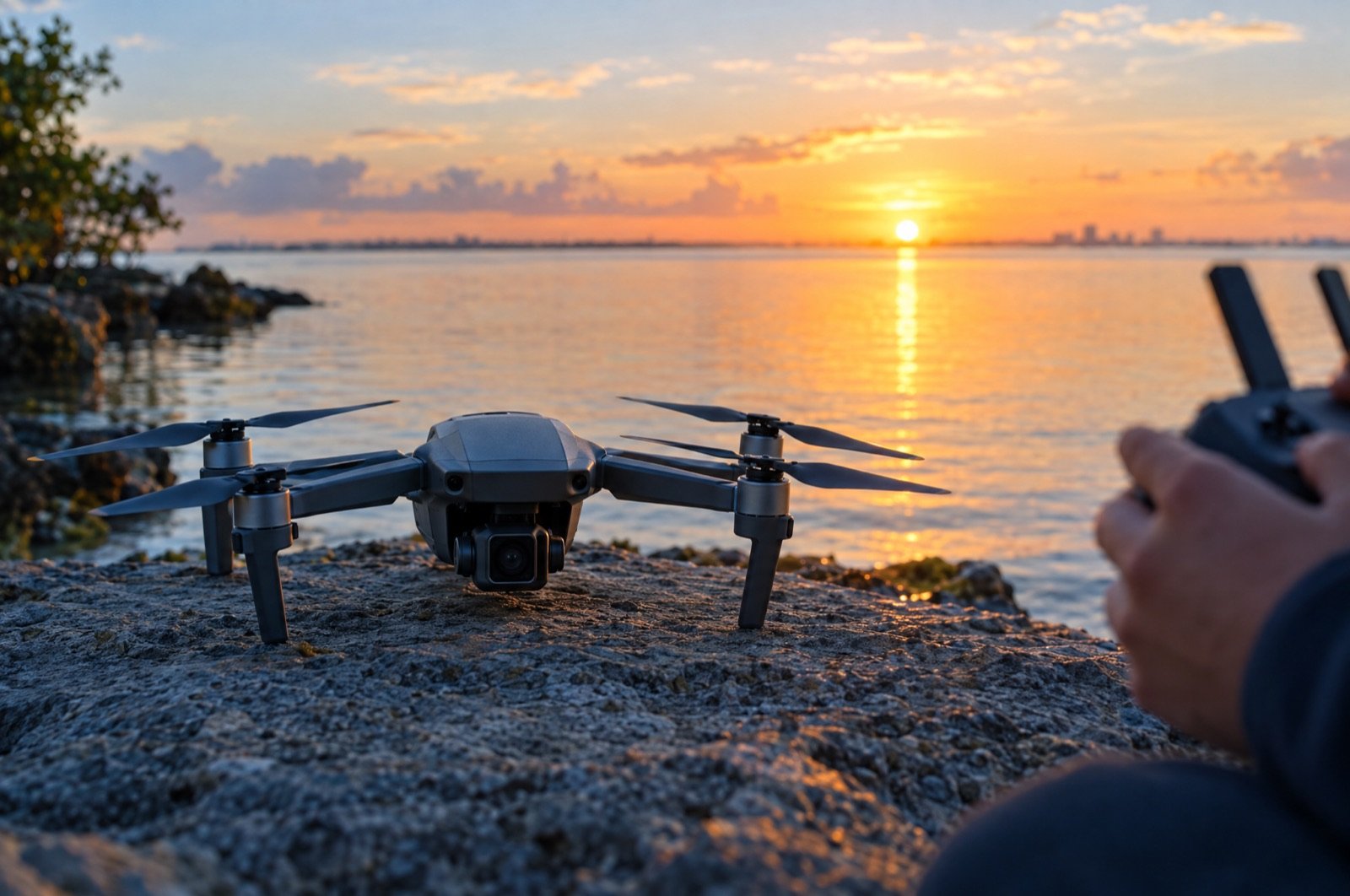 A drone resting on a shoreline rock at sunrise while the pilot holds the controller